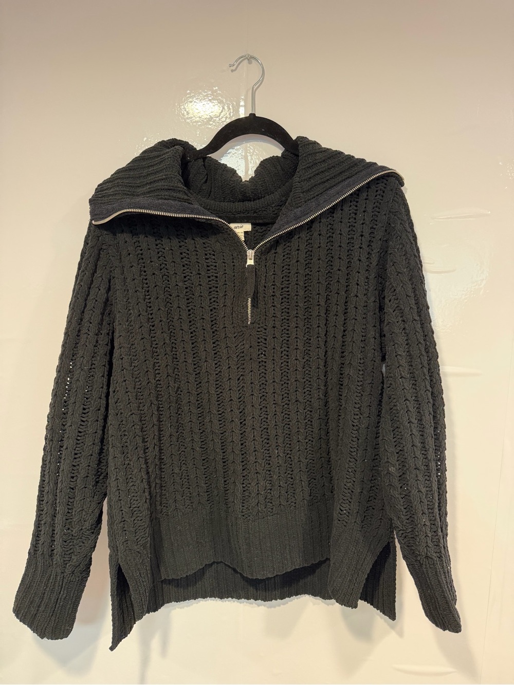 Black Aerie Cable Knit Half-Zip Sweater with Funnel Collar